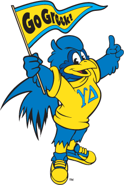 Go Greek Baby Blue mascot holding "go greek" flag