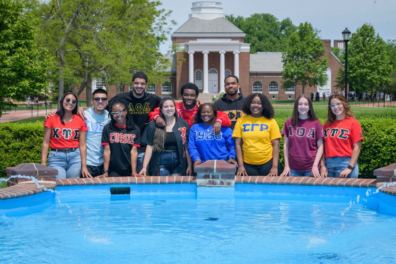 Greek life Group of students wearing greek life t-shirts at the UD fountain