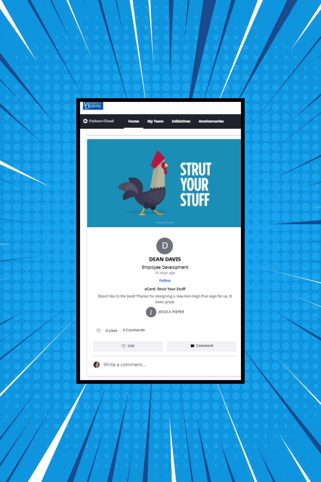 UDid It! Platform Screen shot of UDid It! platform with "Strut your stuff" eCard displayed at the top