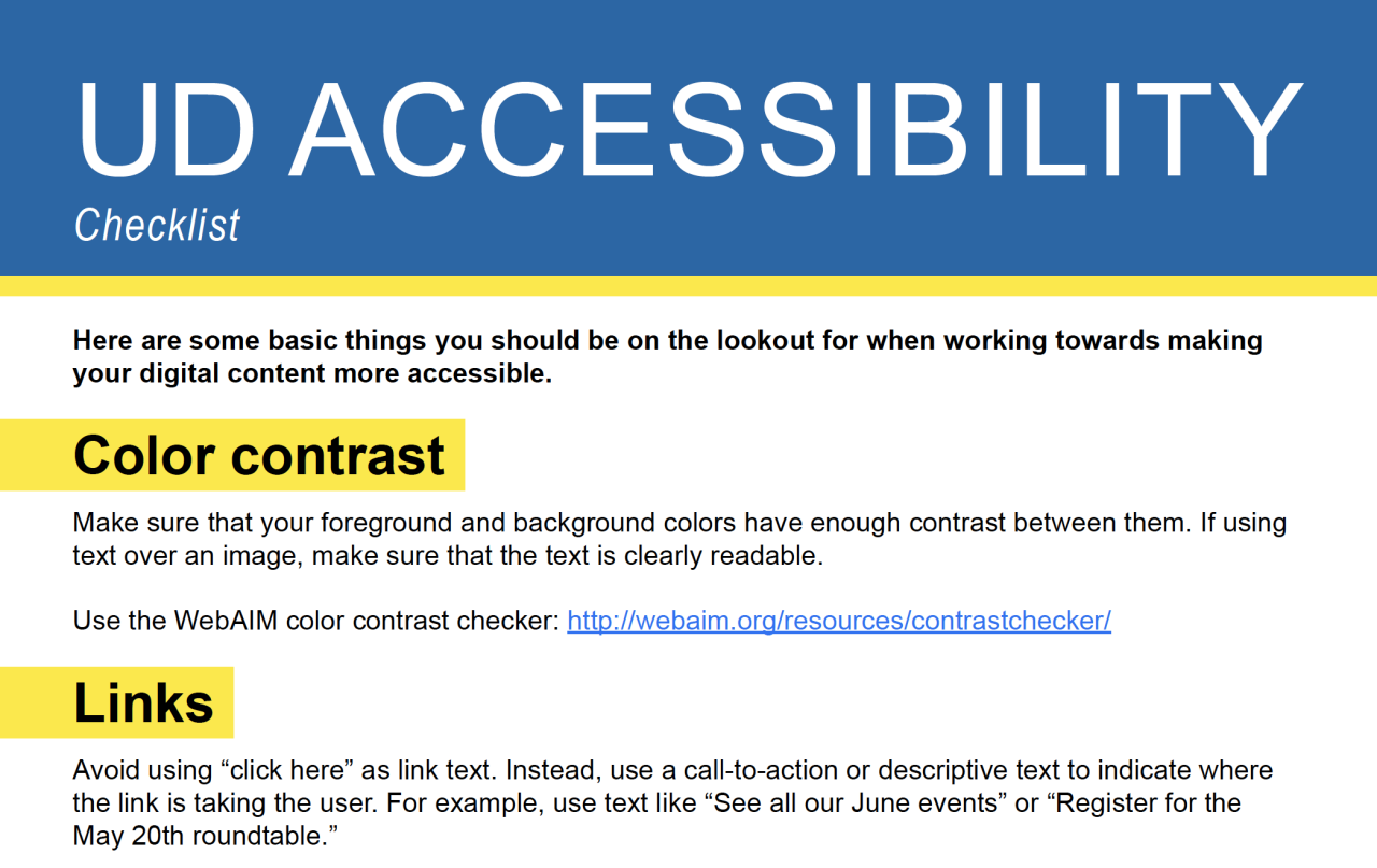 UD Accessibility Checklist listing a few common general accessibility guidelines such as color contrast and links.