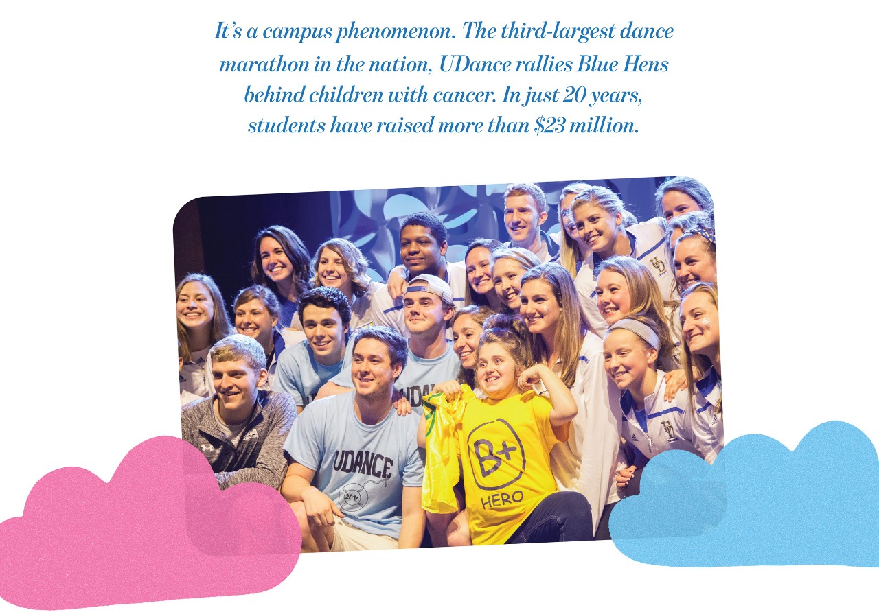 Illustrated clouds with a group photo of UDance Participants and text that says "It's a campus phenomenon. The third-largest dance marathon in the nation. UDance rallies Blue Hens behind children with cancer. In Just 20 years, students have raised more than $23 million."