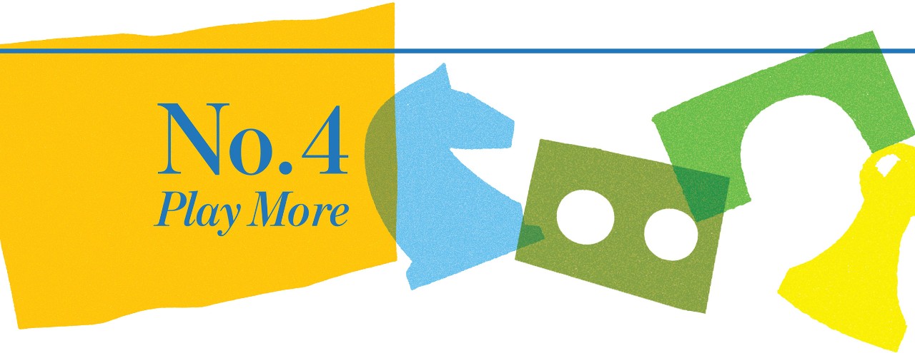 Illustrations and shapes with text that says "No. 4 Play More"
