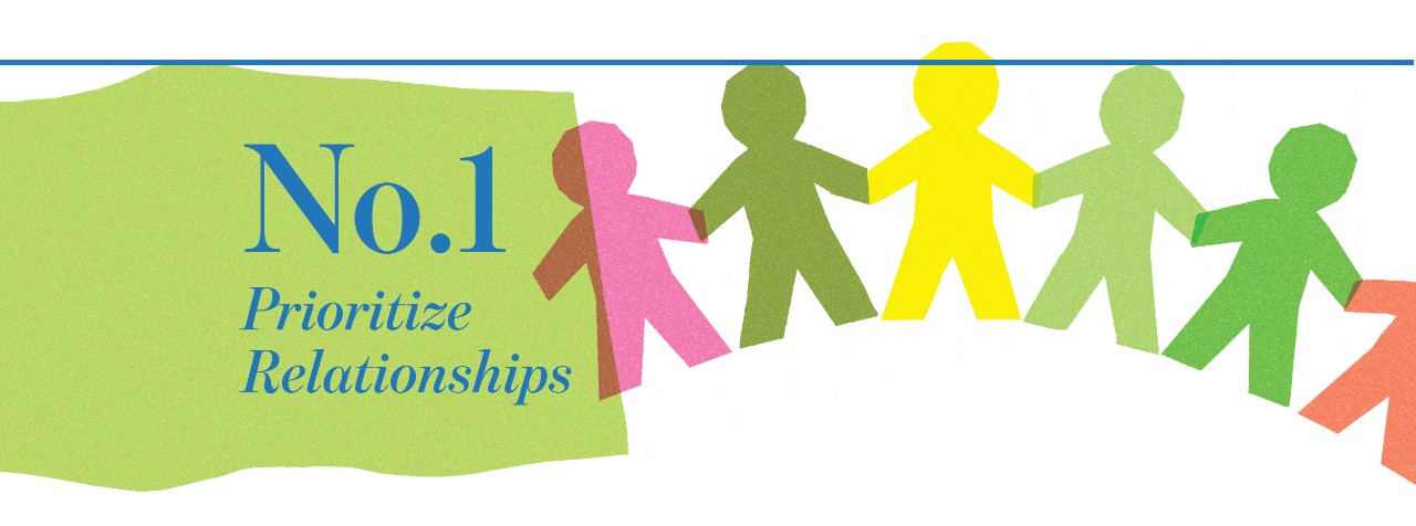 Panel with shapes over white background with text that says "Prioritize Relationships."