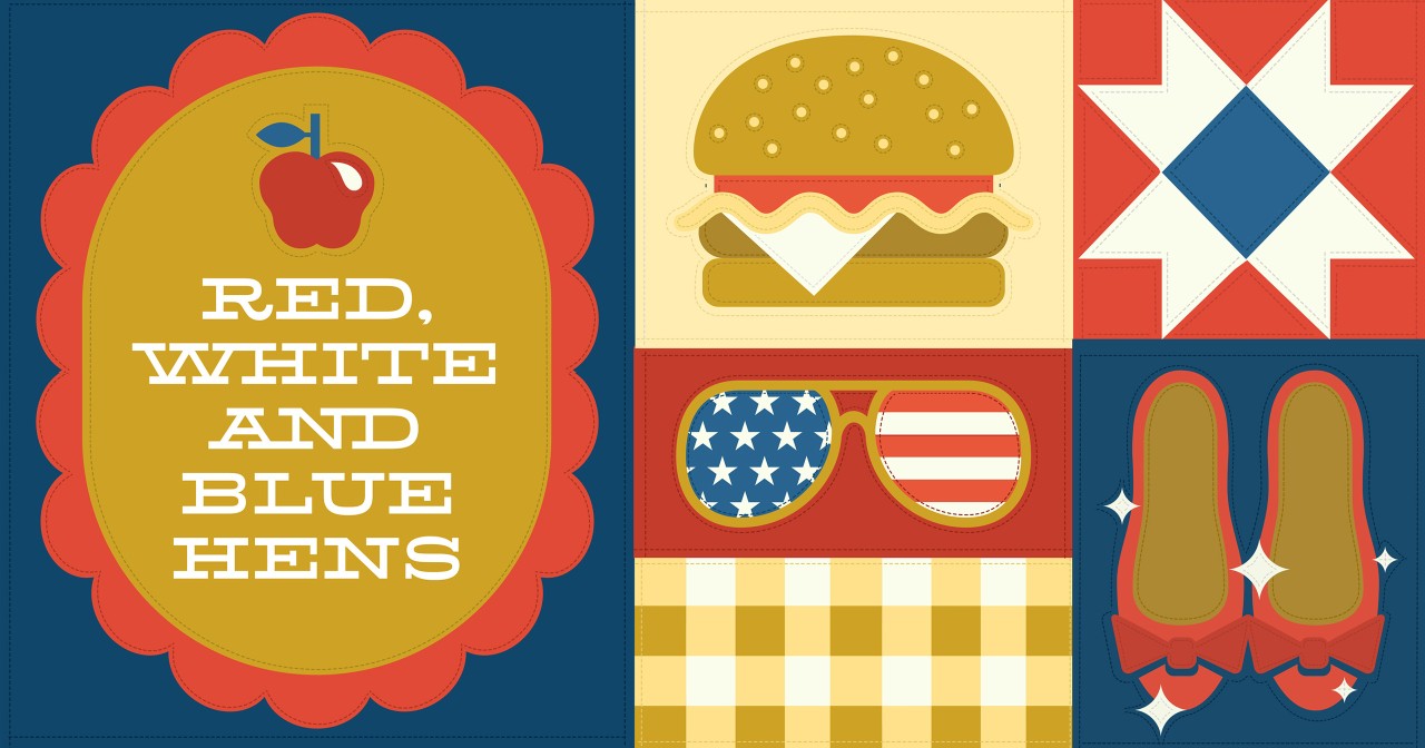 Various icons placed on a stitched, quilt-like background with text that says "Red, White and Blue."