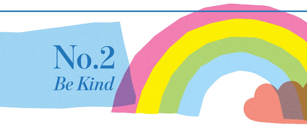 Panel with shapes over white background with text that says "Be Kind."