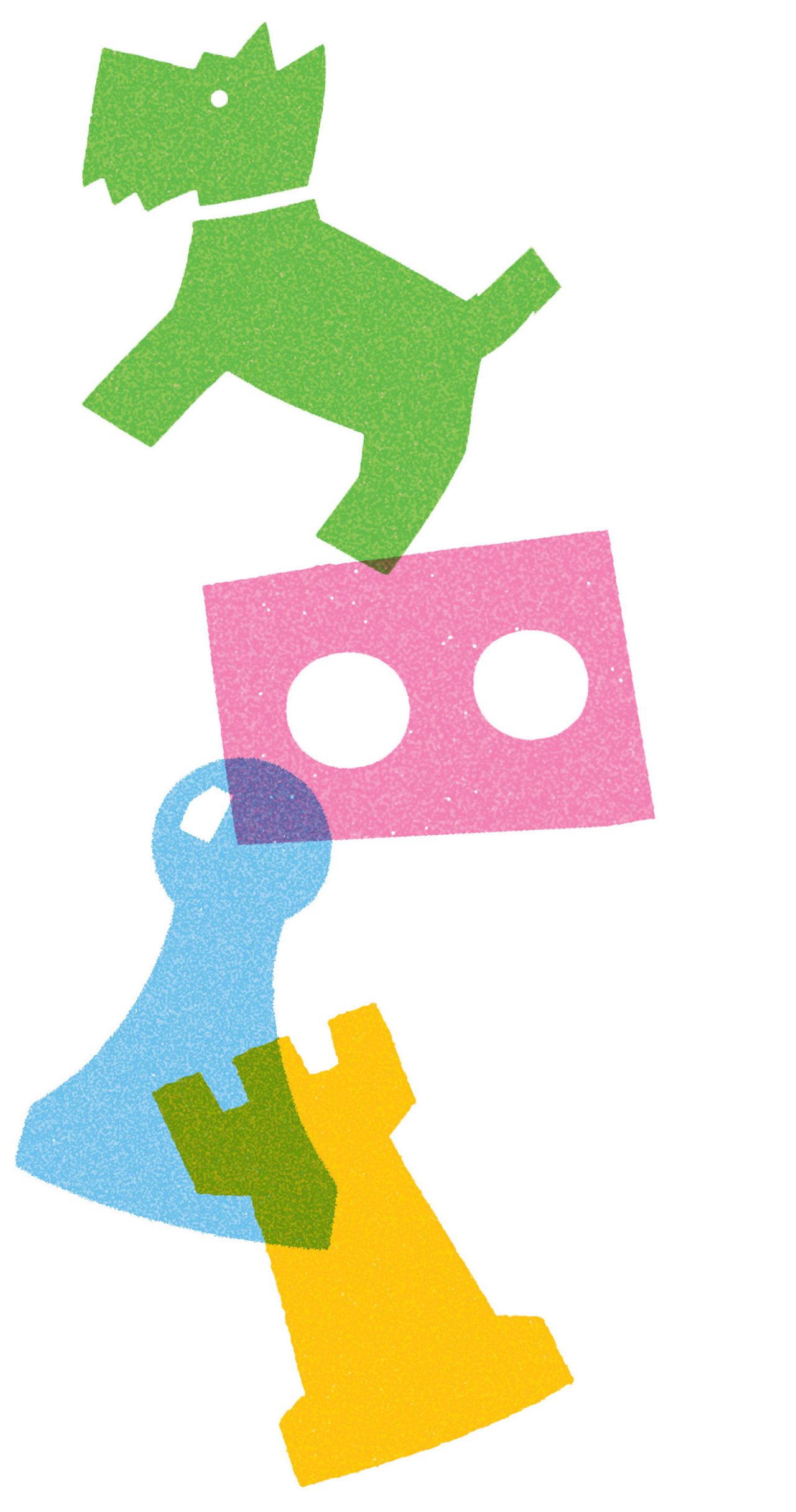 Illustrations of a dog, a block, and chess pieces.