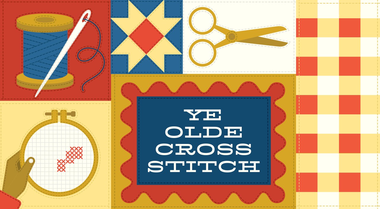 Various icons placed on a stitched, quilt-like background with text that says "Ye Olde Cross Stitch."