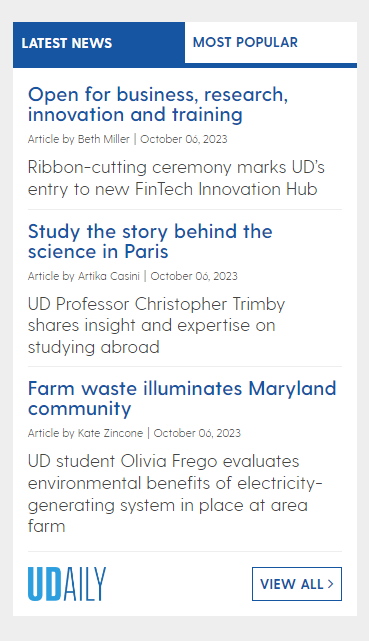 University of Delaware AEM UDaily rss feed tabs & image component example
