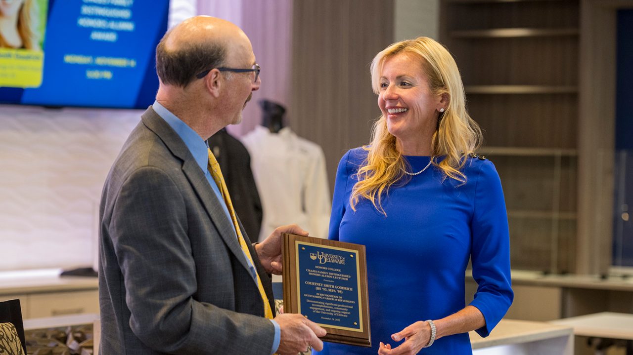 Alumna Courtney Smith Goodrich receives award from Dean Michael Chajes