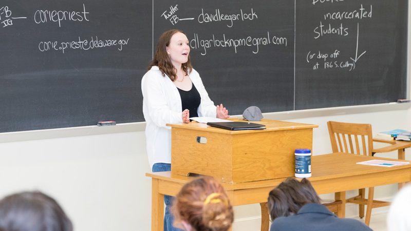 UD senior Maggie Buckridge works with Prof. Chrysanthi Leon’s research team, turning hours of interviews and focus group conversations into I-Poems that tell the stories of former inmates and their families.