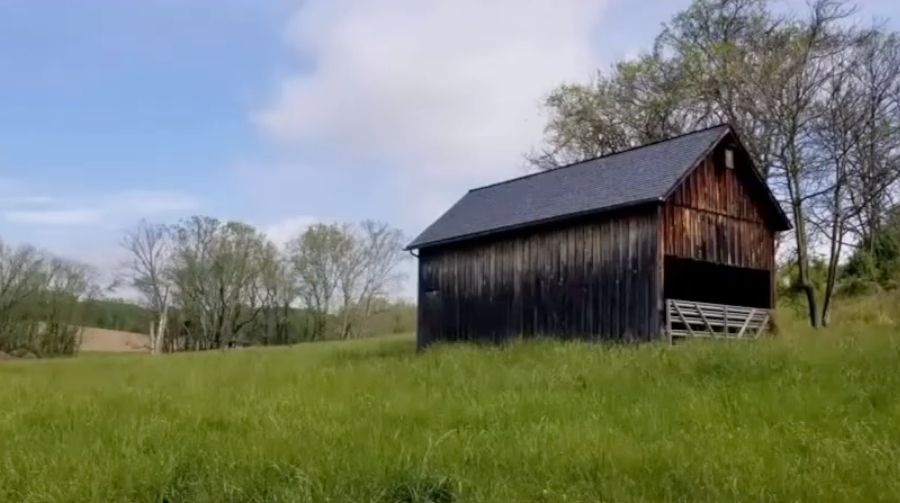 Photo of a pasture and barn in fall.