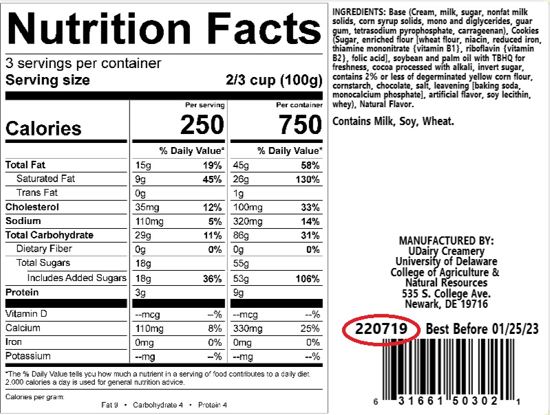 Example of ice cream nutrition facts with a circle showing where to find the product lot number