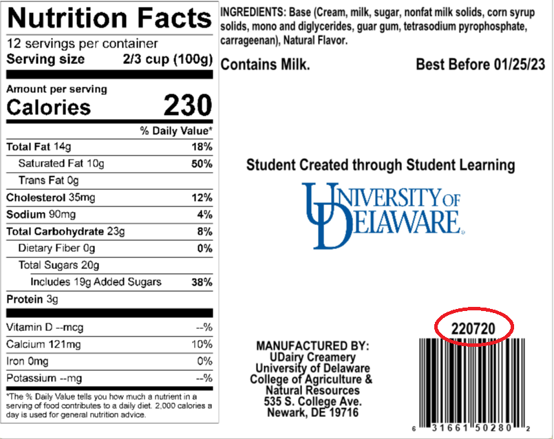 A second example of ice cream nutrition facts with a circle showing where to find the product lot number
