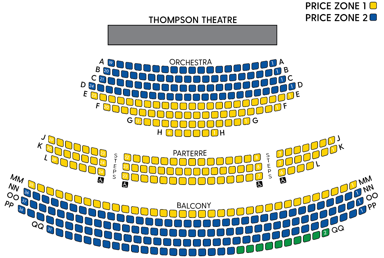 Thompson Theatre Pricing Seating Zones Seating map for Thompson Theatre at the University of Delaware, with yellow seats (orchestra, parterre and balcony locations) designating price zone 1, blue seats designating price zone 2, and green seats designating price zone 3.