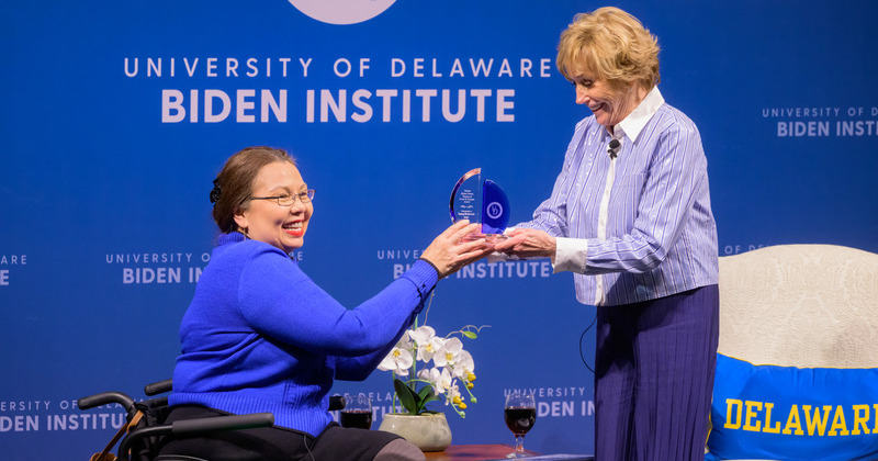 U.S. Sen. Tammy Duckworth receives the Valerie Biden Owens Woman of Power and Purpose Award