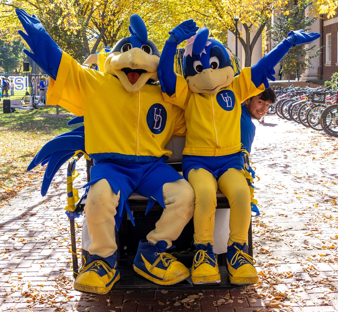 YoUDee and Baby Blue riding a golf cart with their wings spread wide in a joyous manner.