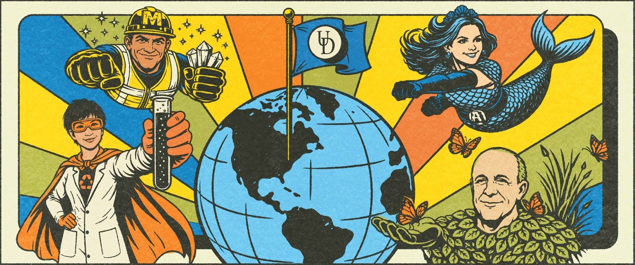 Comic-style illustrations of UD Professors as superheroes fighting for the environment.