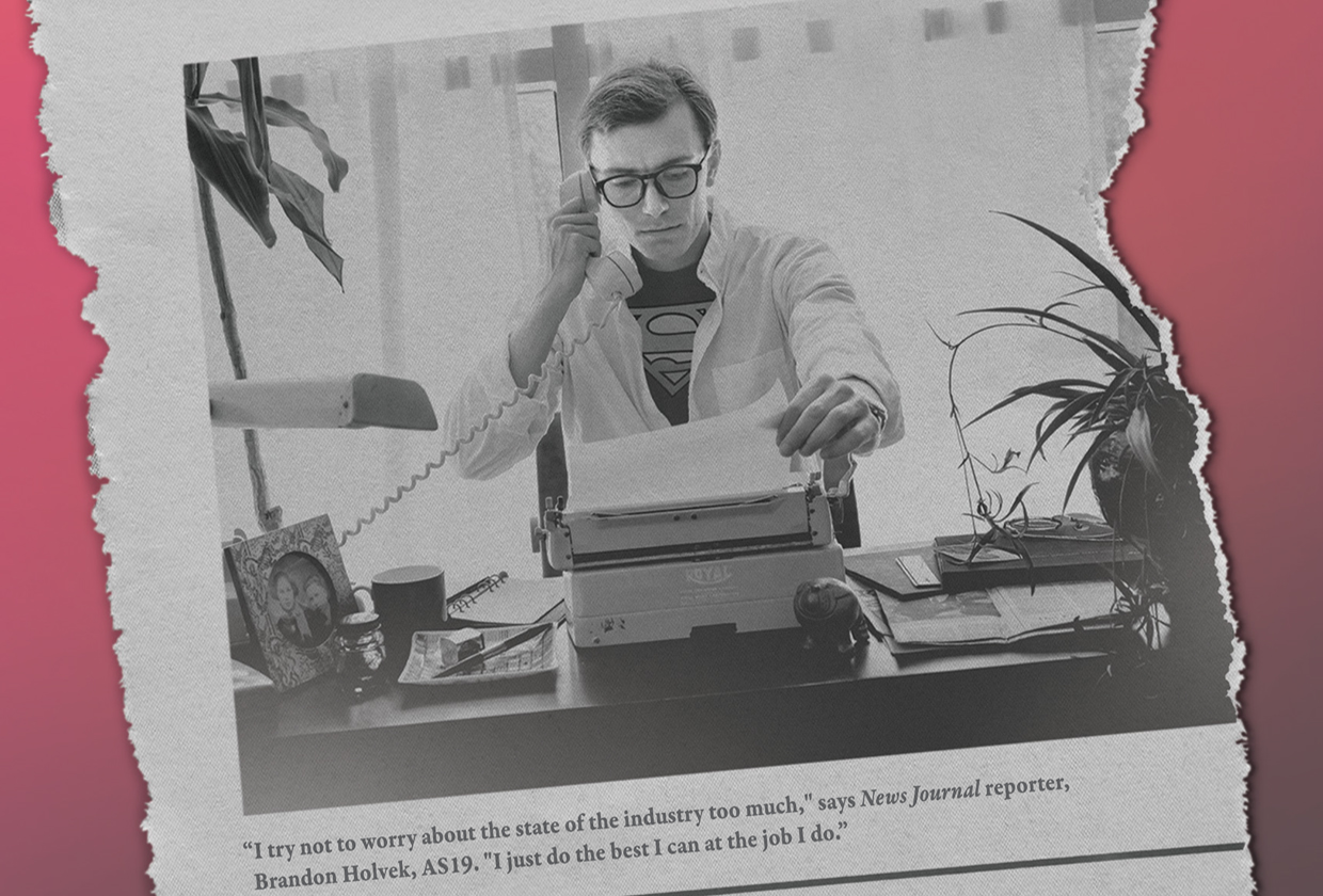 Torn out newspaper image of News Journal reporter and Class of 2019 alumnus Brandon Holvek.