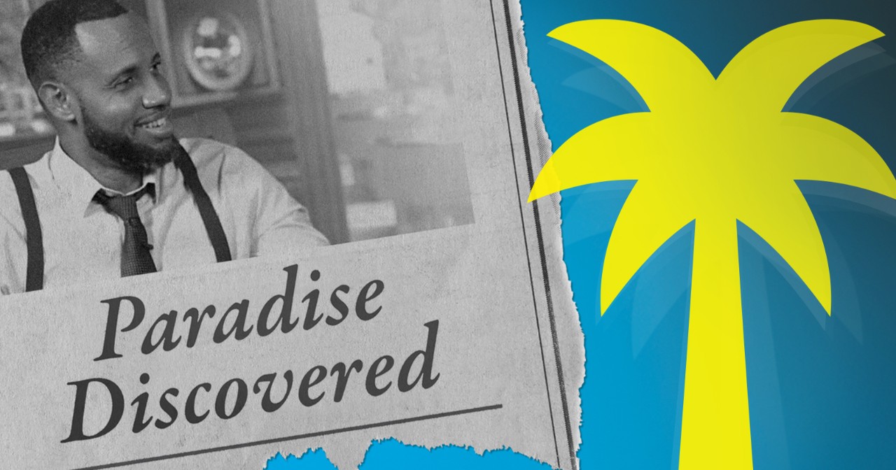 Torn out newspaper image of Peter Bailey and a highlighter yellow outline of a palm tree.