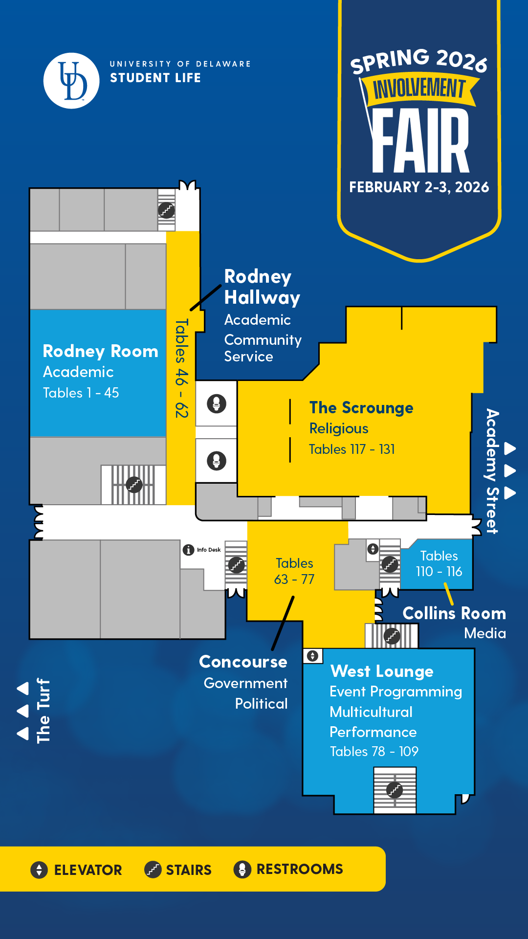 Involvement Fair Day One map showing Academic groups in the Rodney Room, Academic and Community Service groups in Rodney Hallway, Religious groups in The Scrounge, Media groups in Collins Room, Government/Political groups in the Concourse, and Programming/Multicultural and Performance groups in the West Lounge