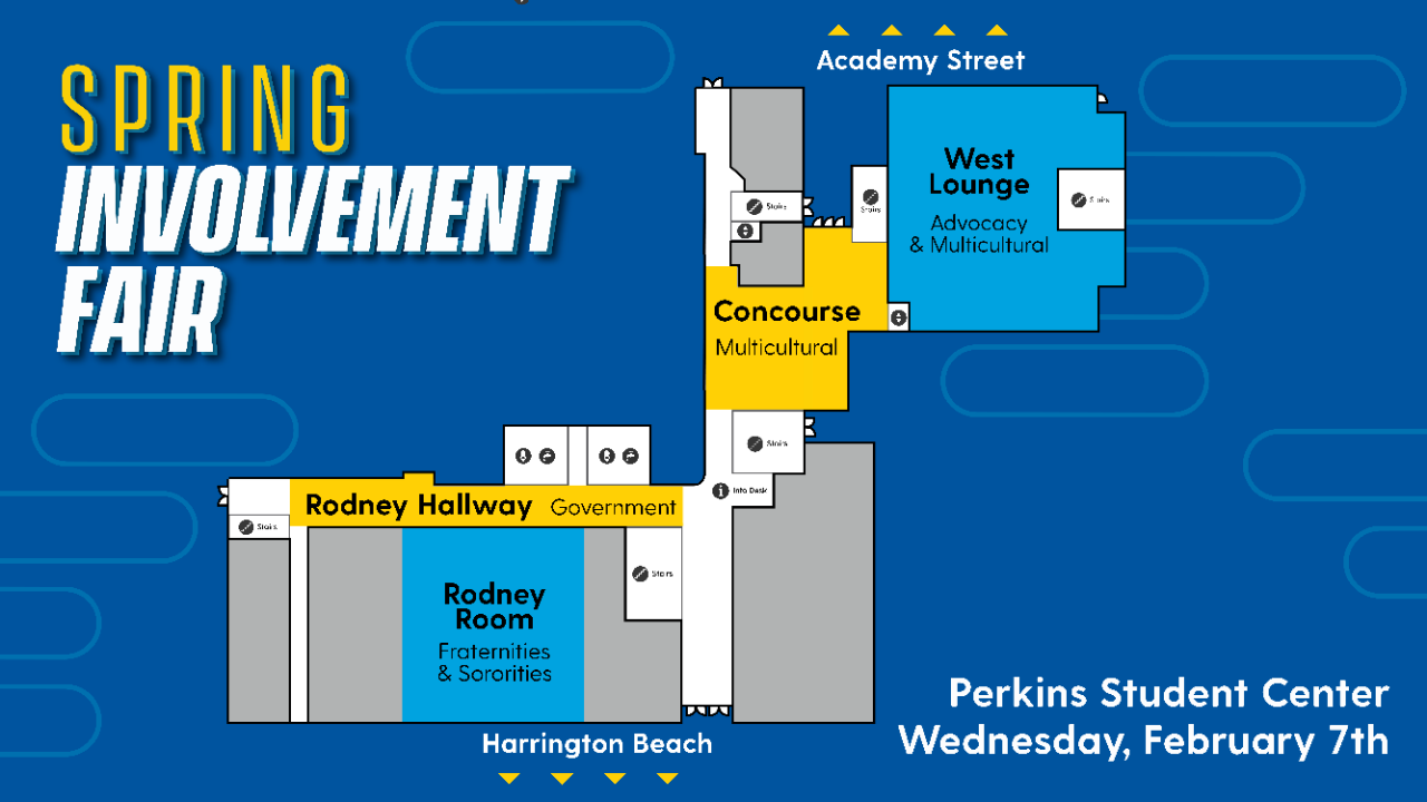 February 7 Map of the Involvement Fair in Perkins Student Center