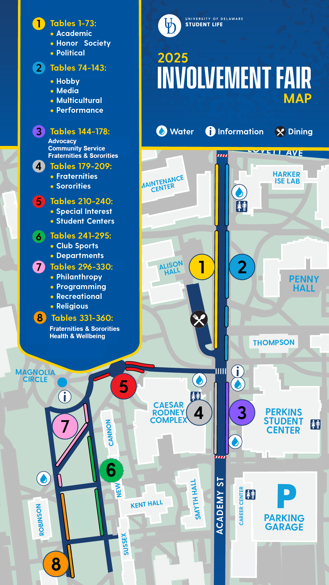 map of Involvement Fair participants' locations along Academy Street