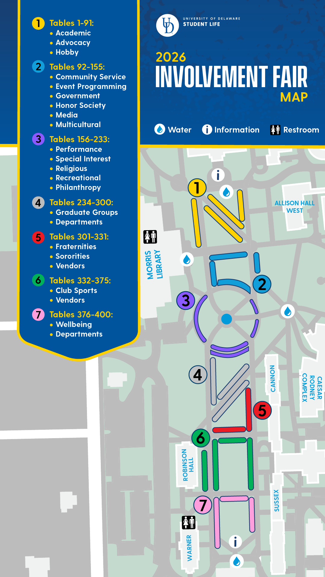 a map showing UD's South Green with color coded sections noting table locations for the various organizations participating in the Involvement Fair
