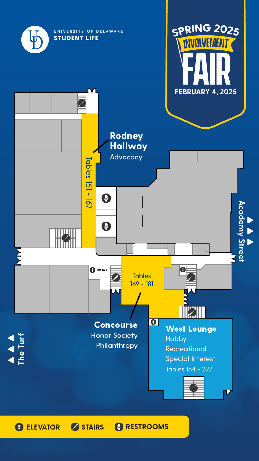 Involvement Fair Day Two map showing Advocacy groups in Rodney Hallway, Honor Society/Philanthropy groups in the Concourse, and Hobby/Recreational/Special Interest groups in the West Lounge