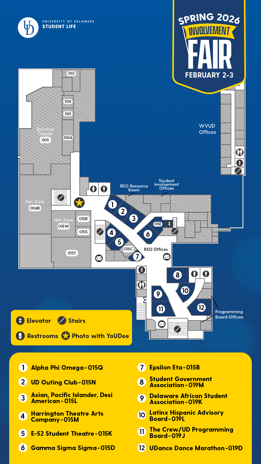 Involvement Fair Day Two map showing Advocacy groups in Rodney Hallway, Honor Society/Philanthropy groups in the Concourse, and Hobby/Recreational/Special Interest groups in the West Lounge