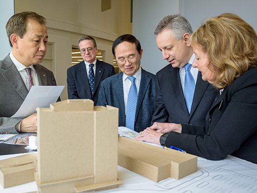 Dean of the College of Health Sciences Kathy Matt leading representatives from the Hankuk University of Foreign Studies on a tour of the Health Sciences Complex at the Science; Technology; and Advanced Research Campus. The attendees included Dr. In Chul Kim, president of HUFS; Dr. Byong Man Ahn former Minister for Education for the Republic of South Korea; and Dr. Chong-Jin Oh, Dean of External Affairs for HUFS. - (Evan Krape / University of Delaware)