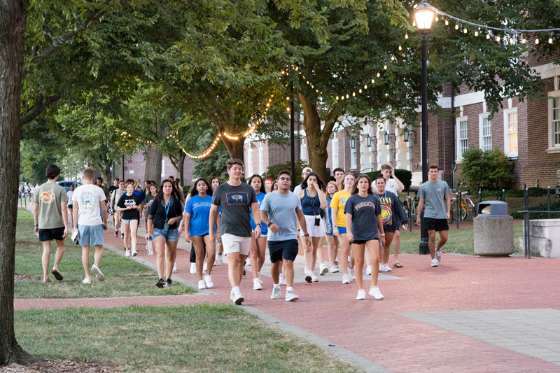 many students walk on The Green