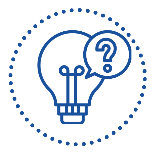 outline drawing of lightbult with question mark inside a speech bubble