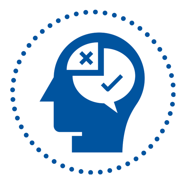 silhouette of a person's head with a speech bubble in the brain area with a check and an X inside