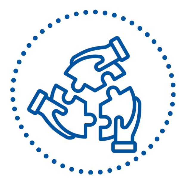 outline of three hands holding interlocking puzzle pieces, about to connect