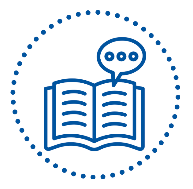 outline of open book with a speech bubble that has ellipses inside