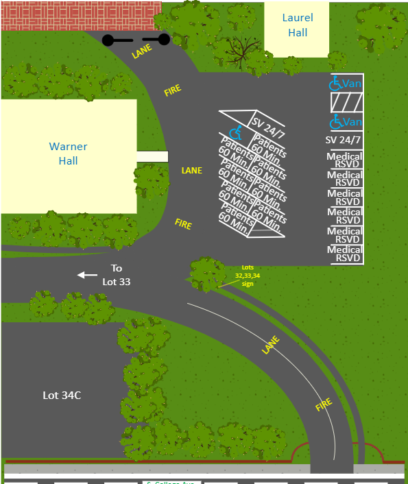 Parking map showing eight patient parking spaces in Lot 32, adjacent to Laurel and Warner Halls