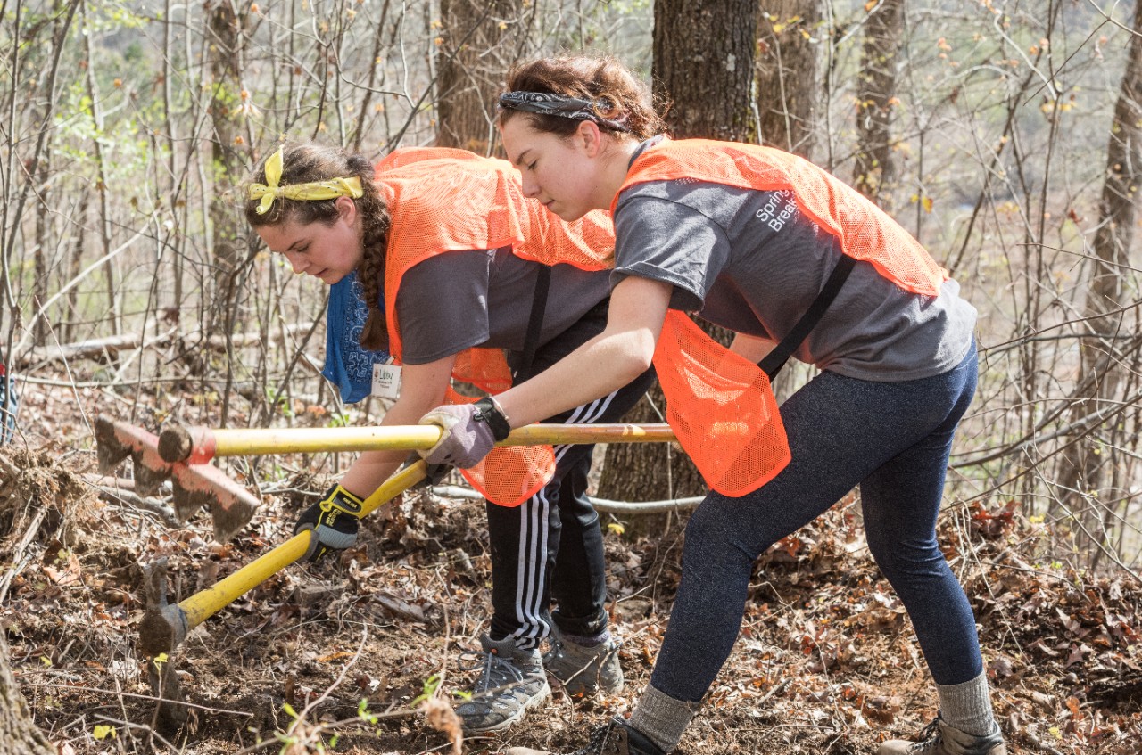 UD's Alternative Spring Break to the Cumberland Trail in Graysville, TN where the students are removing rocks and roots from the trail to make it viable for hikers.  So far 190 of the 390 are cleared.