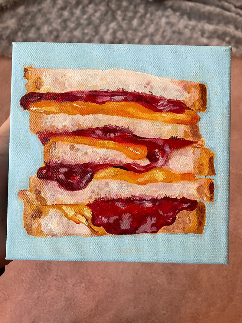 Painting of a stack of sandwiches oozing with peanut butter and jelly