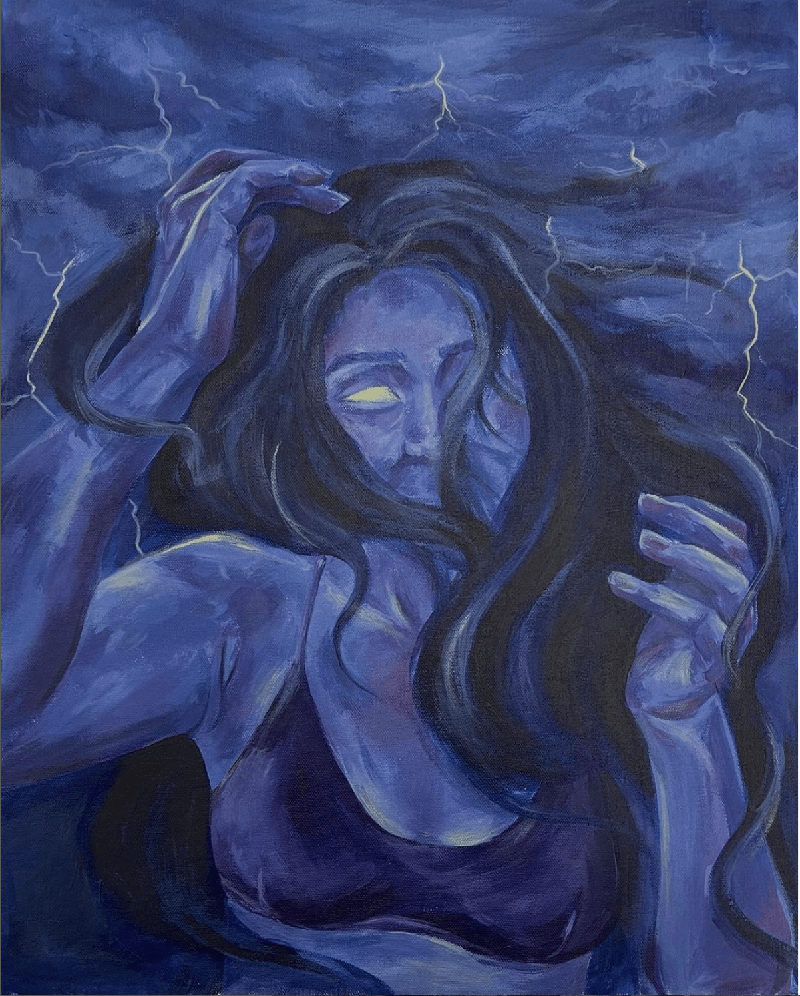 Blue and purple painting of a woman in a lightning storm. Her hair shrouds half of her face