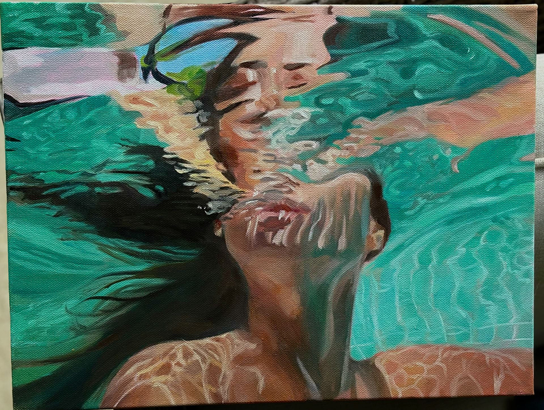 Oil painting of a woman partially underwater; her face distorted in the water's reflections above her