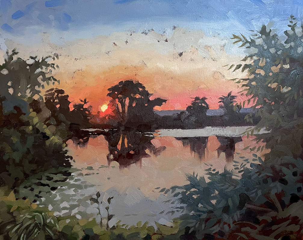 Lanscape painting of a marshy pond during a colorful sunset, using loose brushwork