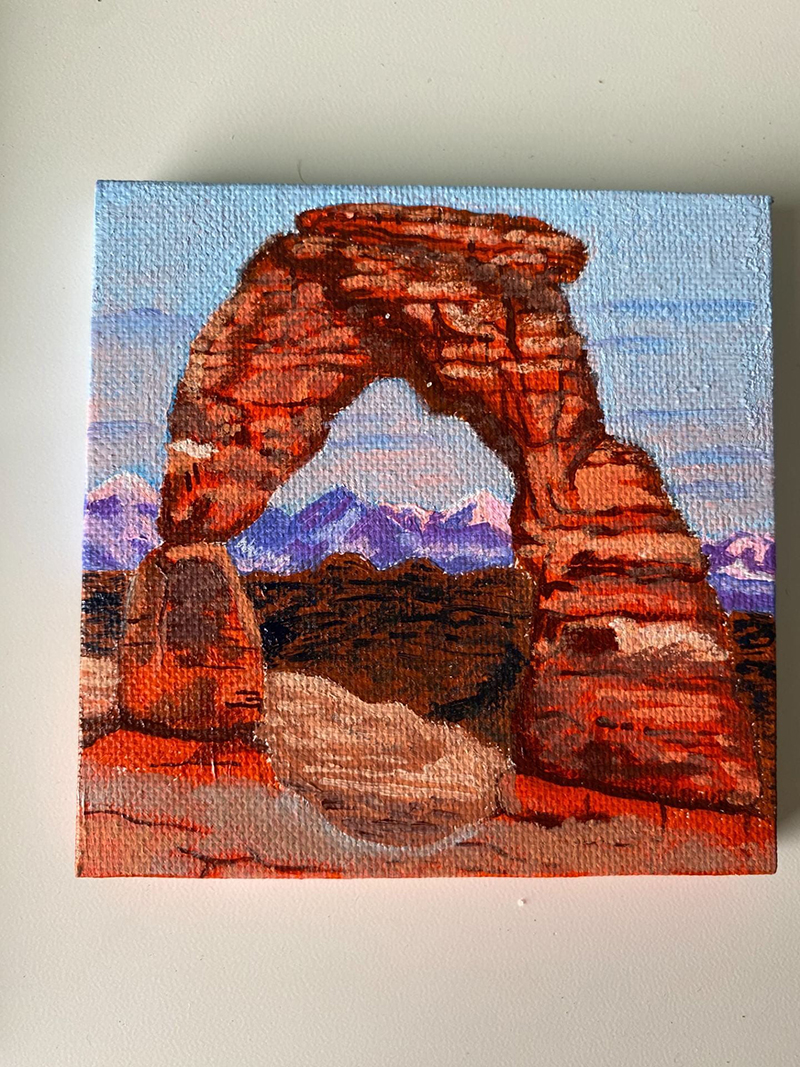 Detailed acrylic painting of Delicate Arch from Arches National Park on a mini canvas