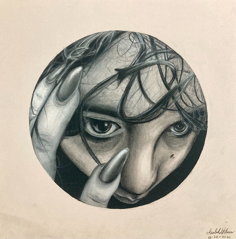 Warped, almost fish-eye self-portrait of a person's face framed in a circle, with long fingernails.