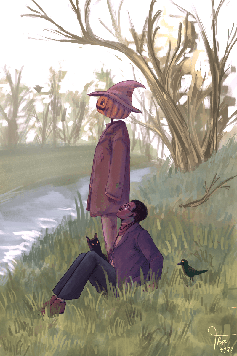 Illustration on a man sitting next to a stream, looking up. A scarecrow with a Jack-o-Lantern head stands next to him. There is a black cat and a black bird with yellow eyes sitting nearby