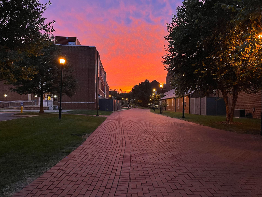 Colorful red and purple twilight sunset over a brick sidewalk on UD's campus