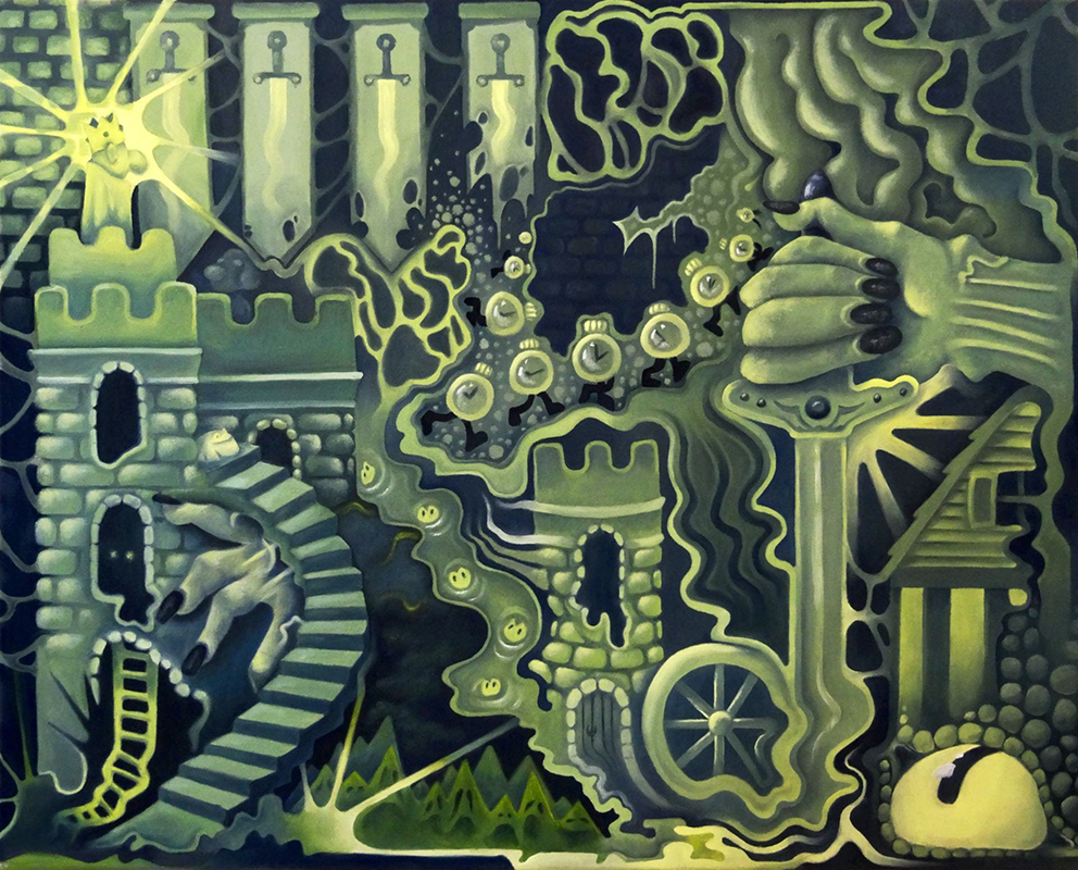 Painted collage of distorted imagery, including a castle, banners, marching clocks, a reptilian eye, a hand with sword and mountains with faces; all in shades of green