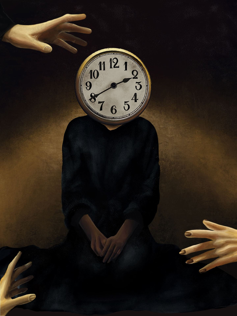 Digital illustration of a person with a clock in place of their head. Three large, floating hands reach in from the corners
