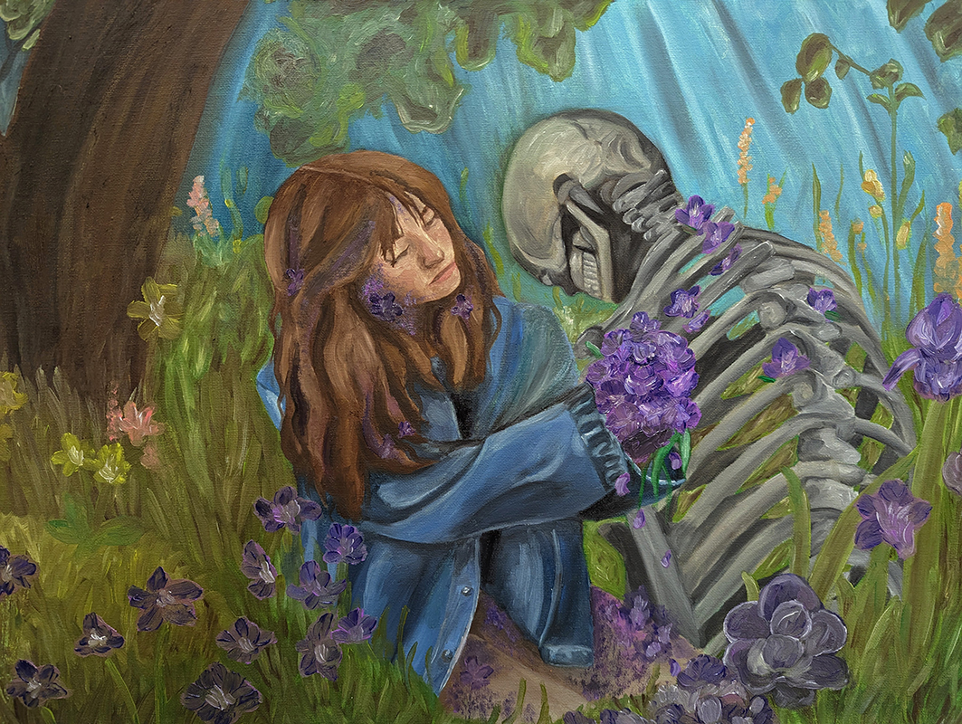 An oil painting of a woman putting flowers onto a skeleton while sitting in a field of irises in the forest
