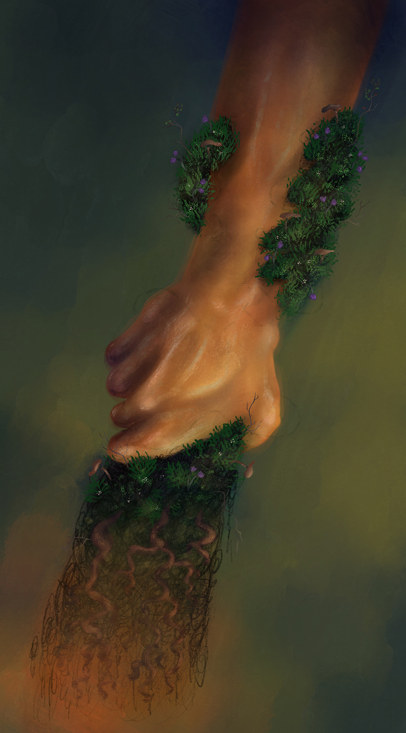 Dynamic and dark image of two hands, one human and one made of natural materials, tightly grasping for each other. The weeds of the natural hand descend into decaying roots at the bottom left of the image, and at the top right, the human hand fades away