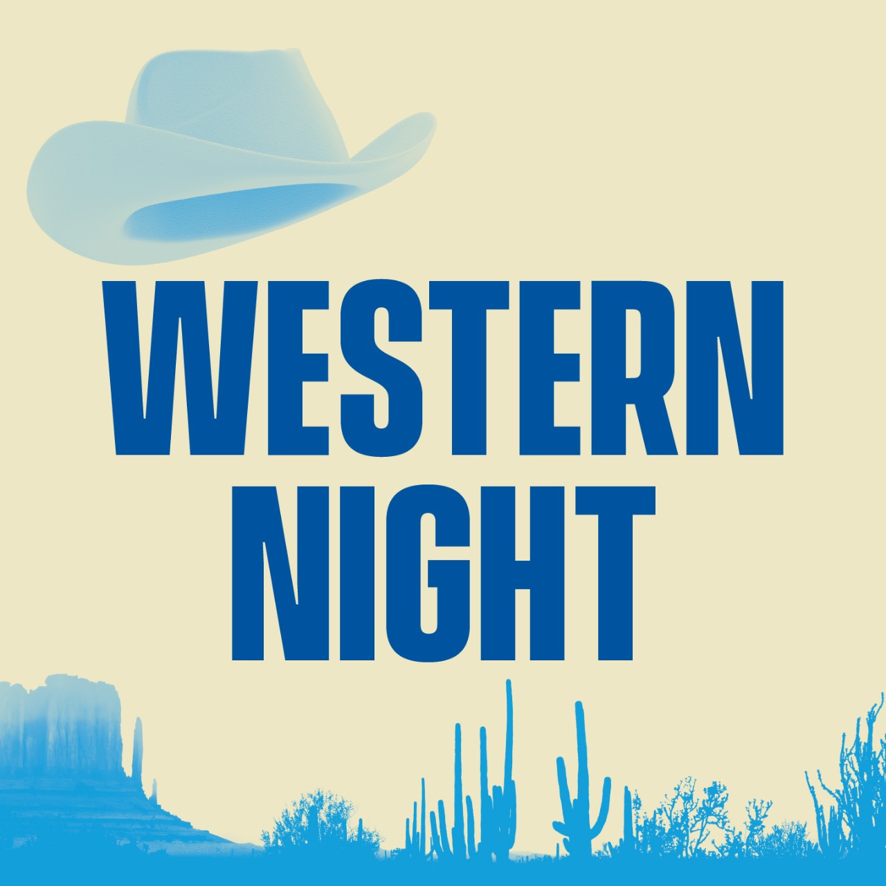 WESTERN NIGHT written on an image of a cowboy hat and a cactus silhouette